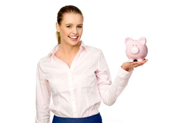 Kvinna med piggybank — Stockfoto