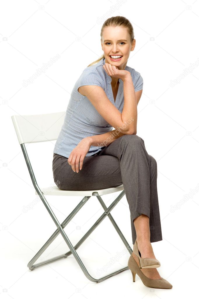 Smiling Woman Sitting On Office Chair Stock Photo By, 51% OFF