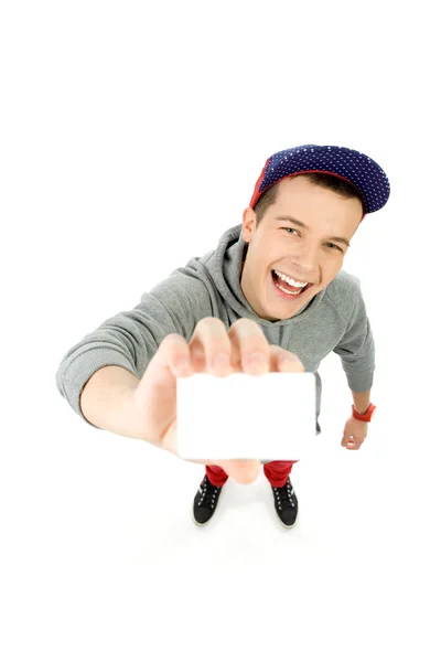 Casual young man with blank sign — Stock Photo, Image