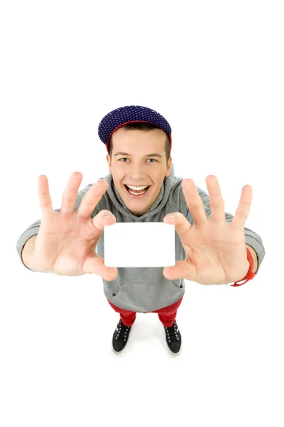 Lässiger junger Mann mit leerem Schild — Stockfoto