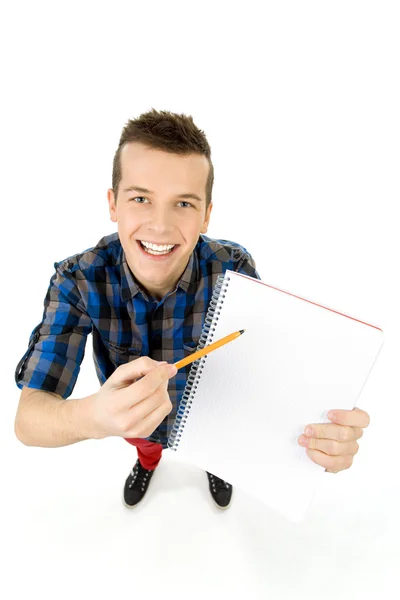 Estudiante con libro de trabajo y pluma Imagen De Stock