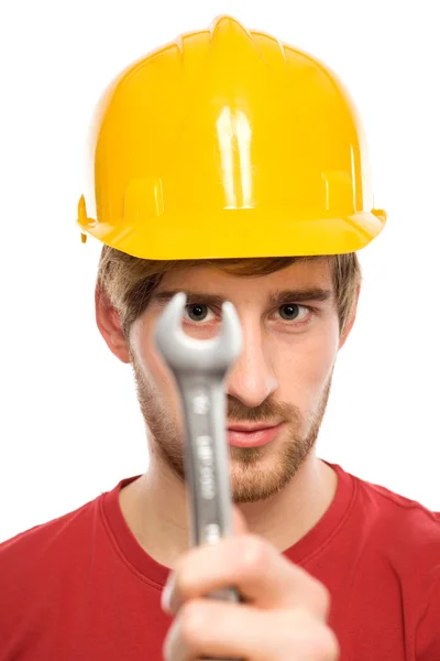 Budowy pracownik gospodarstwa klucz — Zdjęcie stockowe