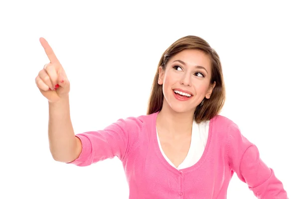 Mujer joven señalando el dedo — Foto de Stock