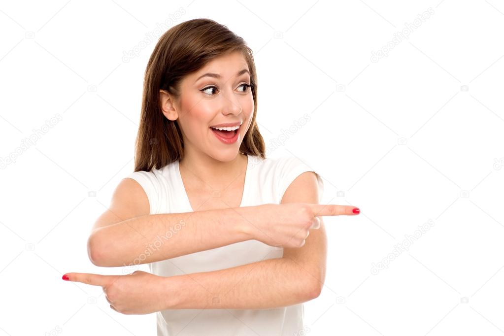 Young woman pointing fingers