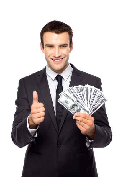 Empresário segurando notas de dólar — Fotografia de Stock