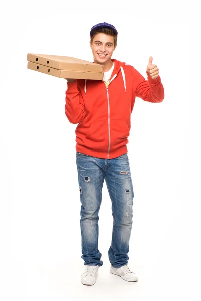 Rozvoz pizzy muž ukazuje palec — Stock fotografie