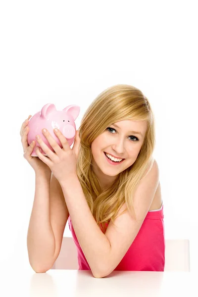 Woman holding piggy bank — Stock Photo, Image