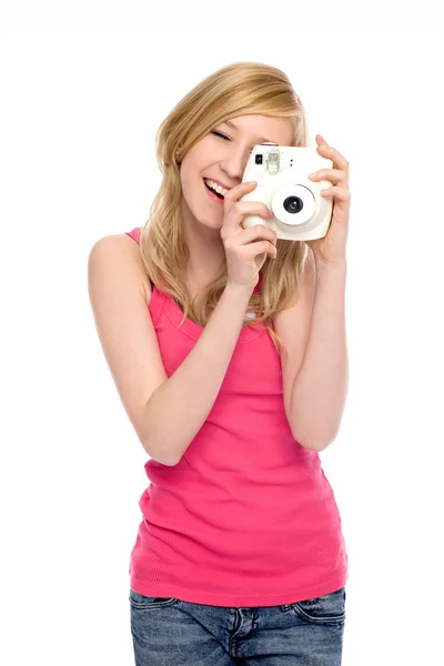 Girl with instant camera — Stock Photo, Image