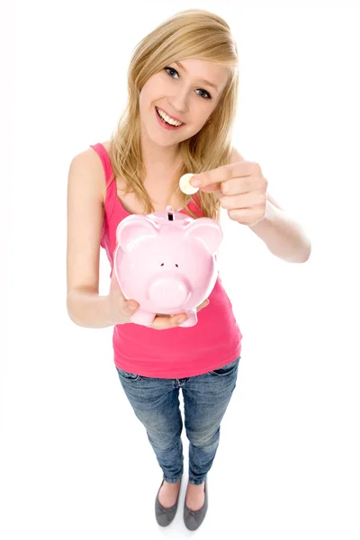 Mulher segurando Piggy Bank — Fotografia de Stock