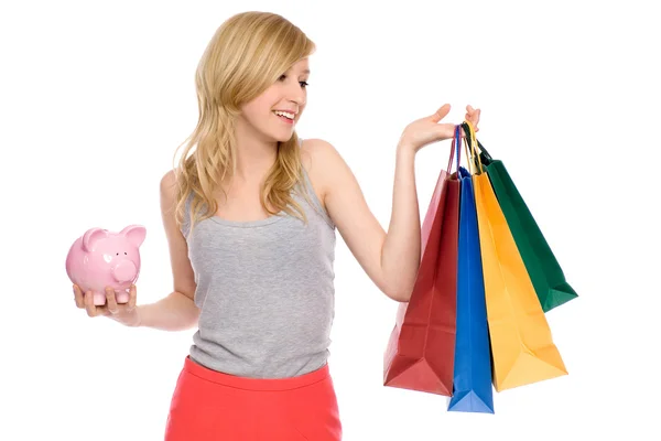 Woman holding piggy bank — Stock Photo, Image