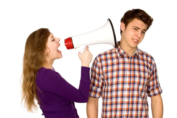 Mulher gritando com o homem através do megafone — Fotografia de Stock