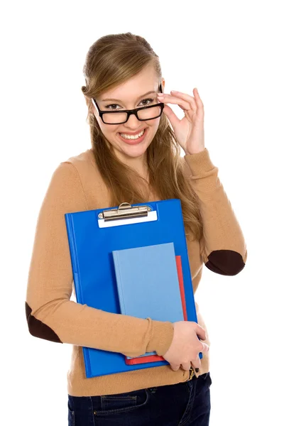 Estudante feminina usando óculos — Fotografia de Stock