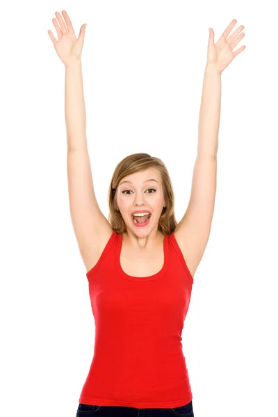 Young woman with arms raised Stock Photo
