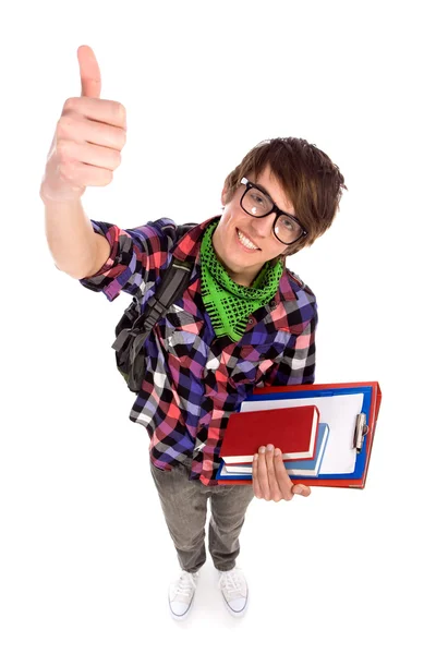 Estudante masculino mostrando polegares para cima — Fotografia de Stock