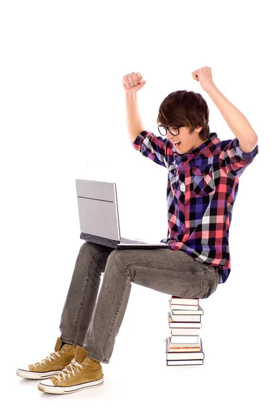Student cheering with laptop — Stock Photo, Image