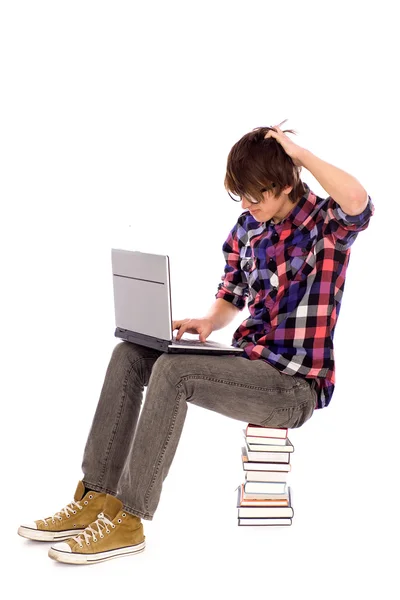 Student cheering with laptop — Stock Photo, Image