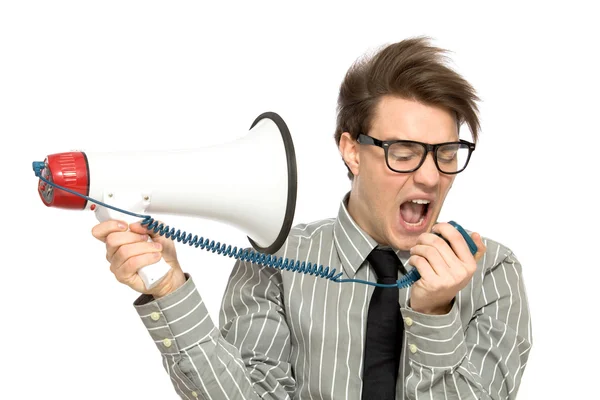 Homem gritando através de megafone — Fotografia de Stock