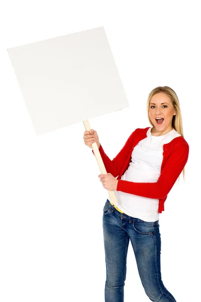 Woman holding blank poster — Stock Photo, Image