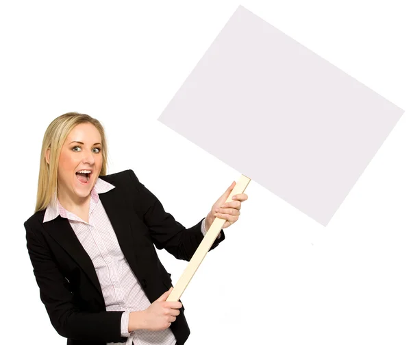 Businesswoman holding blank poster — Stock Photo, Image