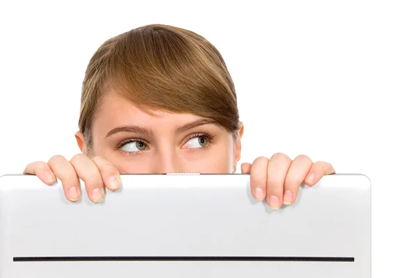 Girl Looking Behind Laptop — Stock Photo, Image