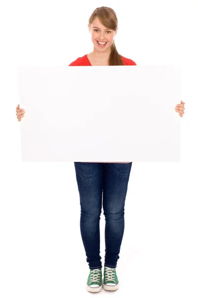 Beautiful young woman holding placard — Stock Photo, Image