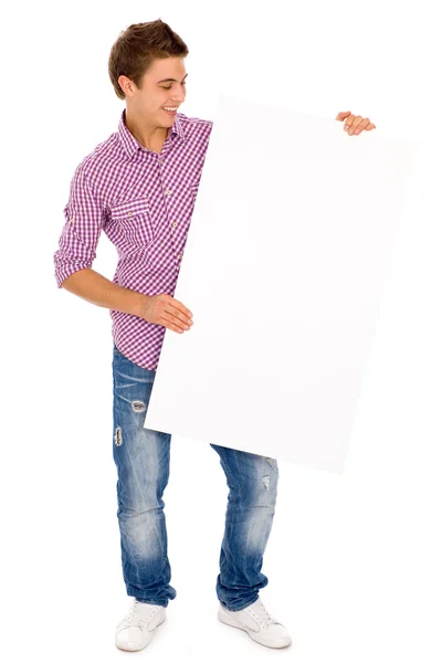 Jonge man bedrijf leeg poster — Stockfoto