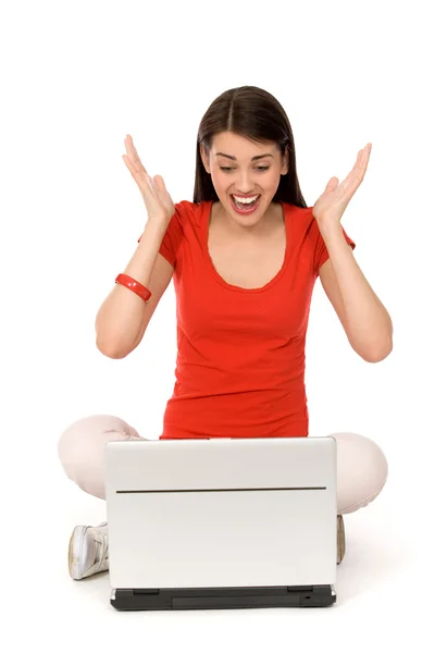 Woman with Laptop Cheering — Stock Photo, Image