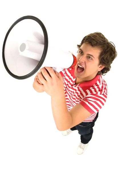 Joven escuchando música y mordiendo un cable sobre fondo blanco — Stockfoto