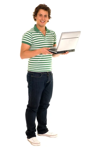 Mladý muž drží notebook — Stock fotografie
