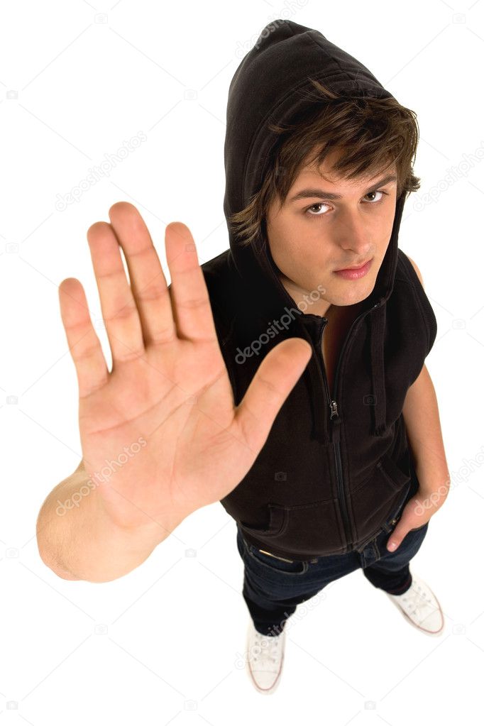 Man making stop gesture