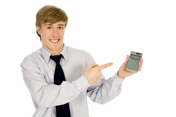 Homem segurando calculadora — Fotografia de Stock