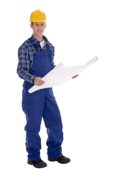 Manual worker examining blueprints — Stock Photo, Image