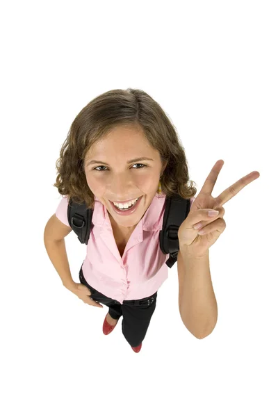 Mujer joven haciendo señal de paz — Foto de Stock