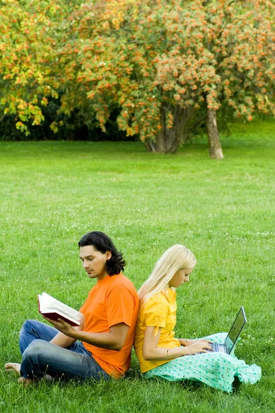 Studenti seduti schiena a schiena sull'erba — Foto Stock