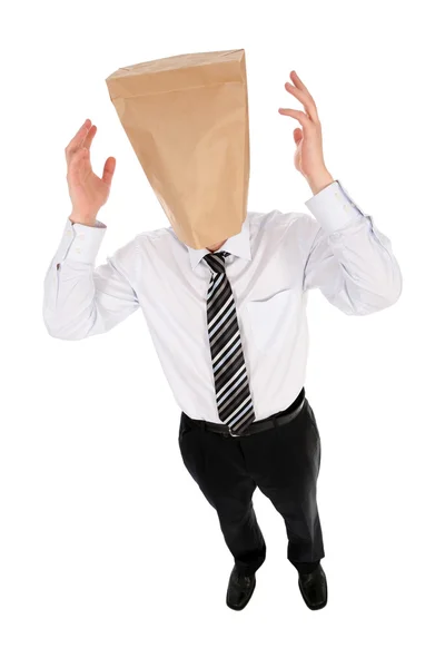 Επιχειρηματίας με χάρτινη σακούλα στο κεφάλι του — Φωτογραφία Αρχείου