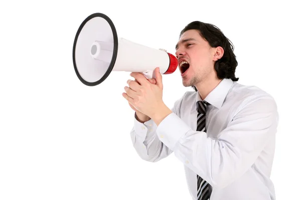 Бизнесмен кричит через мегафон — стоковое фото