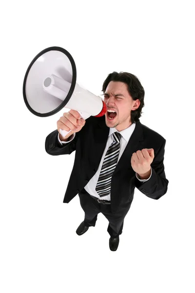 Empresário gritando através de megafone — Fotografia de Stock