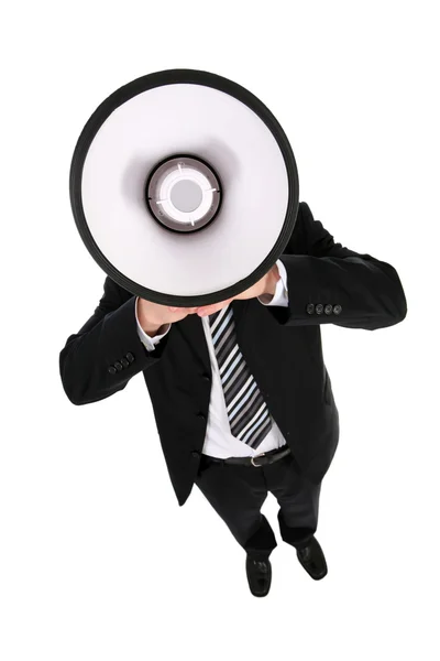 Uomo d'affari che utilizza un megafono — Foto Stock