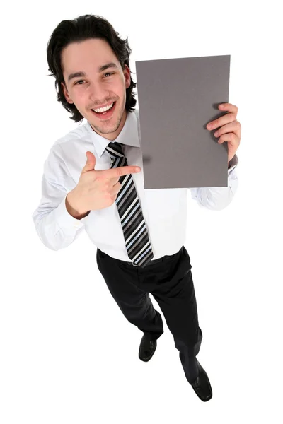 Üzletember üres táblával a kezében — Stock Fotó