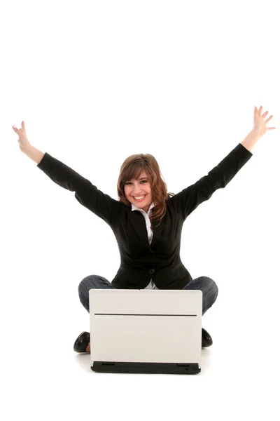 Woman with Laptop Cheering — Stock Photo, Image