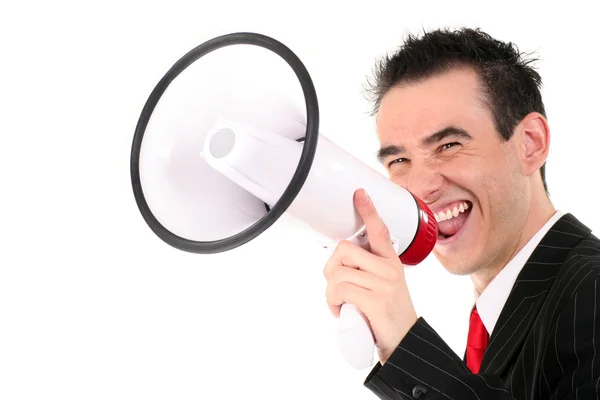 Empresário gritando através de megafone — Fotografia de Stock