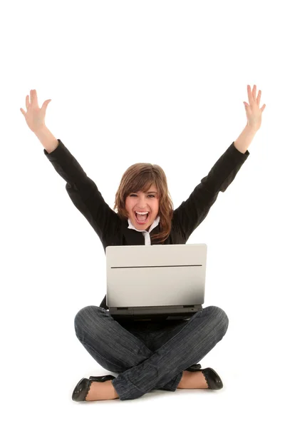 Mulher com Laptop Cheering Fotografias De Stock Royalty-Free