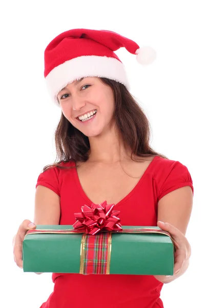 Woman in Santa hat holding gift box Royalty Free Stock Photos