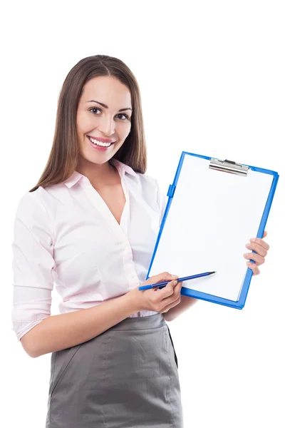 Businesswoman with pen and clipboard — Stock Photo, Image