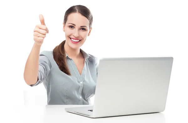 Žena s laptopem ukazuje palec Stock Obrázky