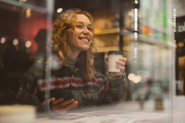 Smiling Young Woman Cup Coffee Window Cafe — Stock Photo, Image