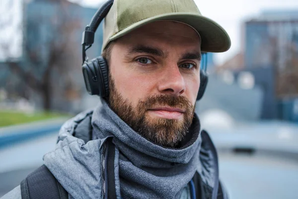 Portrait Young Man Headphones Listening Music Outdoors — Stock Photo, Image