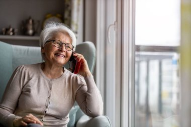 Evde akıllı telefon kullanan yaşlı bir kadının portresi.