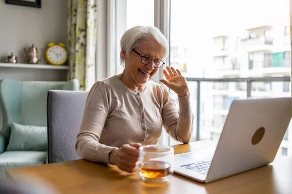 Mulher Sênior Usando Laptop Casa — Fotografia de Stock