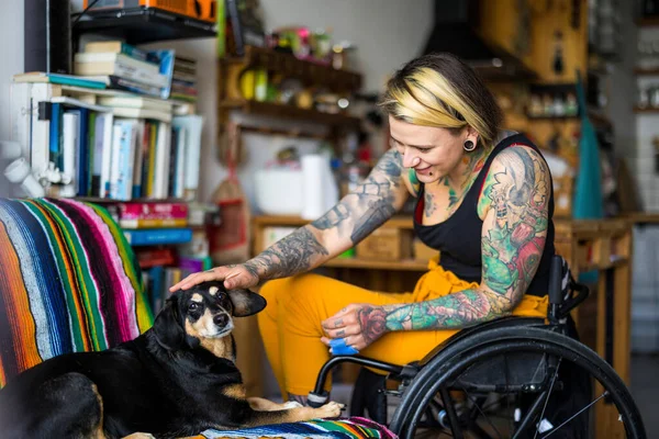 Young Woman Disability Her Dog Home — Photo